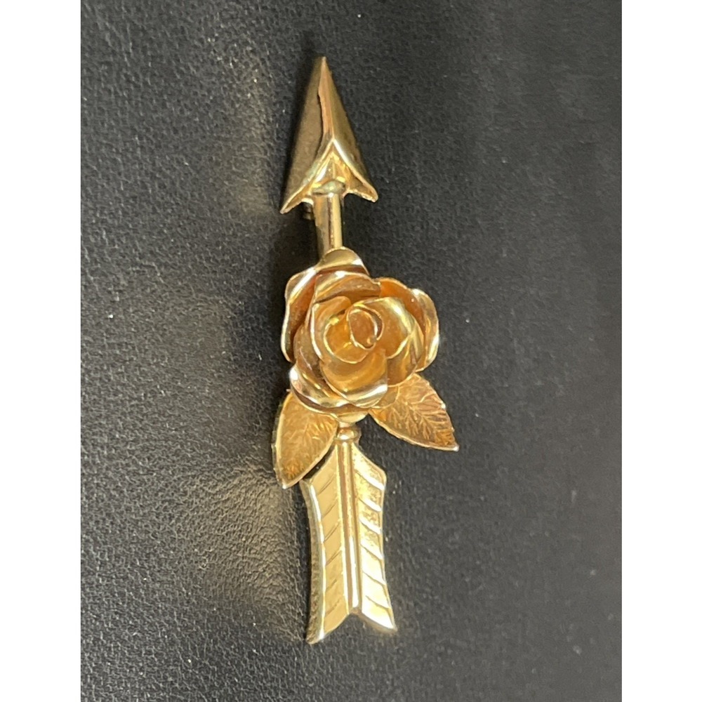 Vintage CORO Arrow Rose Brooch Gold Tone Valentines Jewelry Pin Signed